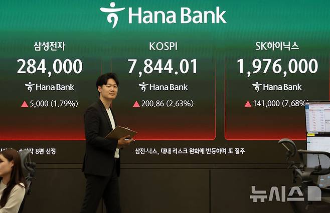 [서울=뉴시스] 배훈식 기자 = 코스피가 7844.01 포인트로 종가 기준 최고치를 경신한 13일 오후 서울 중구 하나은행 딜링룸 전광판에 삼성전자와 SK하이닉스가 각각 전 거래일보다 5000원, 14만1000원 오른 28만4000원, 197만6000원을 나타내고 있다. 2026.05.13. dahora83@newsis.com