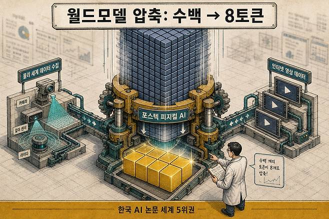 포스텍 조민수 교수가 피지컬 AI 시대의 핵심 과제인 월드모델 토큰 압축 기술(수백 개→8개)과 데이터 수집 방식의 혁신을 진단한 내용을 형상화한 인포그래픽. AI가 생성.