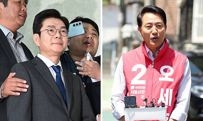 부동산 충돌 더불어민주당 정원오 서울시장 후보와 국민의힘 오세훈 서울시장 후보가 각각 부동산과 소상공인을 겨냥한 정책을 내세우며 표심 공략에 나섰다. 정 후보가 13일 서울 여의도 국회 소통관에서 소득 없는 1주택자 재산세 감면 공약 발표 기자회견을 한 뒤 이동하고 있다. 오른쪽 사진은 오 후보가 같은 날 서올 강동구 일대 주택가에서 부동산지옥 시민대책회의 기자회견을 하는 모습.허정호 선임기자·뉴시스