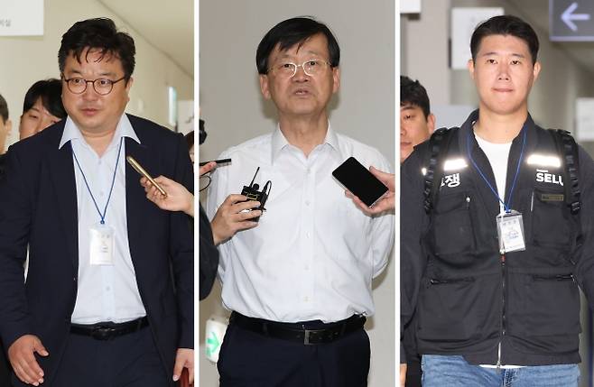 지난 12일 2차 사후조정회의에 참석하는 삼성전자 대표교섭위원인 김형로 부사장(왼쪽 사진)과 최승호 초기업노조 삼성전자지부 위원장(오른쪽 사진). 전날 1차 사후조정 회의장 밖에서 취재진 질문에 답하는 황기돈 중노위 준상근조정위원(가운데 사진). 연합뉴스