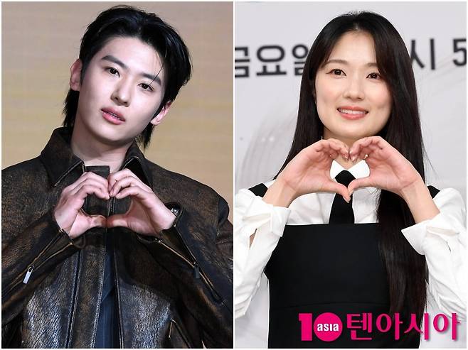 덱스와 김혜윤이 각 공식 행사에 참석해 하트 포즈를 취하고 있다./사진=텐아시아DB