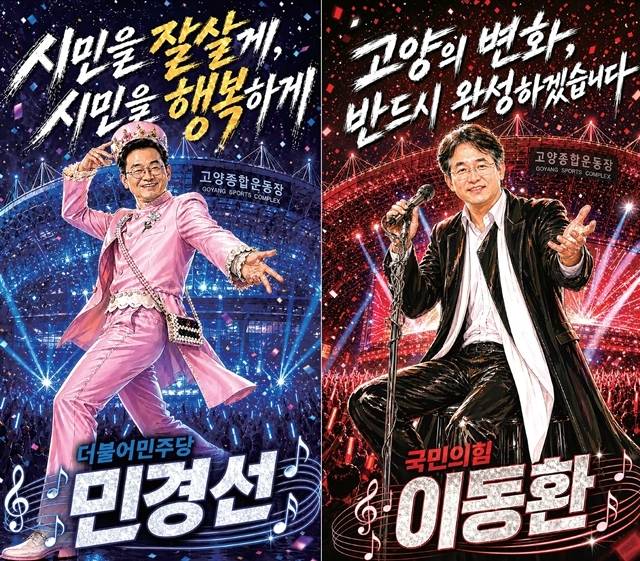케이팝의 새로운 무대로 떠오른 고양. 세계적 아티스트들이 찾는 이 도시의 무대에 이번에는 고양특례시장 후보들이 섰다. 인공지능(AI)이 빚어낸 케이팝 무대 콘셉트 속 후보들은 저마다의 비전과 메시지를 노래한다. 공연이 도시를 움직이고 무대가 사람을 모으는 시대, 시민의 마음을 사로잡고 고양의 다음 무대를 이끌 스타는 누구일까. 챗GPT생성 이미지. 조주현기자