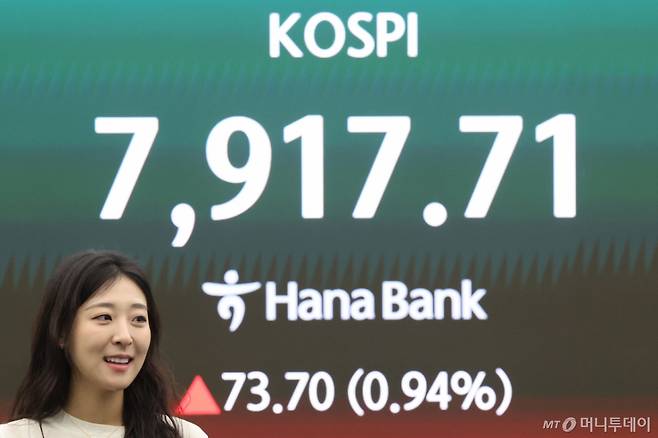 [서울=뉴시스] 권창회 기자 = 14일 오전 서울 중구 하나은행 딜링룸에서 딜러들이 업무를 보고 있다. 코스피가 전 거래일 대비 29.90포인트(0.38%) 상승한 7873.91에 출발했다. 원달러 환율은 0.8원 내린 1489.8원으로, 코스닥지수는 10.09포인트(0.86%) 오른 1187.02에 거래를 시작했다. 2026.05.14. kch0523@newsis.com /사진=권창회