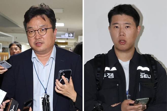 삼성전자 대표교섭위원인 김형로 부사장(왼쪽)과 최승호 초기업노조 삼성전자지부 위원장이 5월13일 새벽 세종시 정부세종청사 중앙노동위원회에서 2026년 임금협약 체결을 위한 2차 사후조정이 결렬된 후 협상장을 각각 떠나며 취재진의 질문에 답하는 모습 ⓒ 연합뉴스