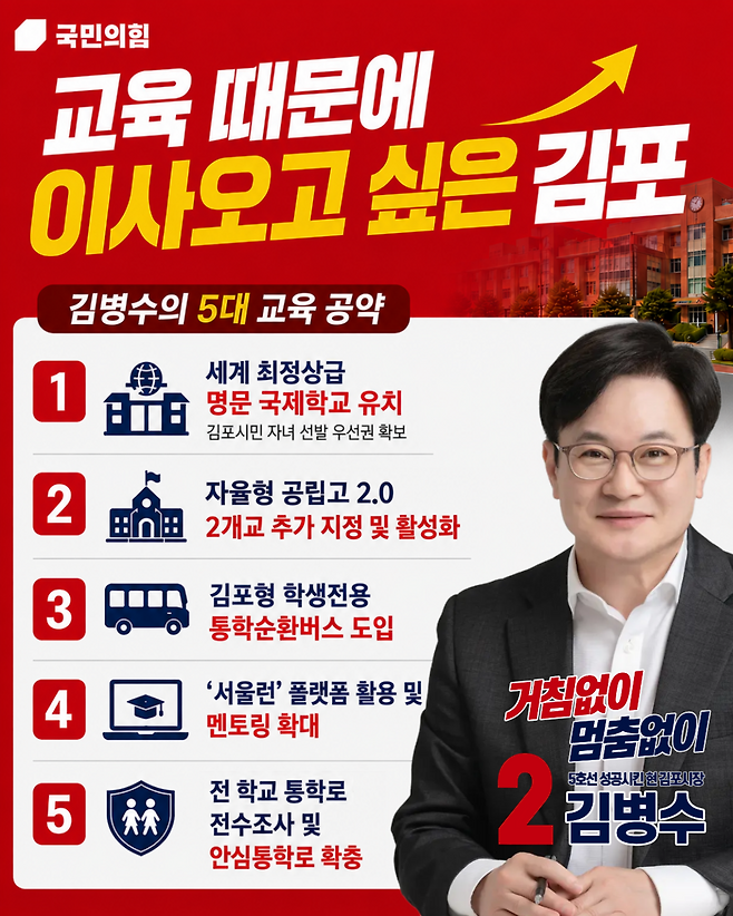 국민의힘 김병수 김포시장 후보가 민선 9기 교육 5대 공약을 발표했다. <김병수 후보 캠프 제공>