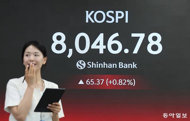 15일 서울 중구 신한은행 본사 로비에 장중 8000을 넘기며 사상 최고치를 경신한 코스피 지수가 송출되고 있다. 신원건 기자 laputa@donga.com