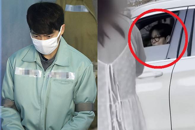 배우 손승원씨가 2019년 4월11일 서울 서초구 서울중앙지법에서 열린 1심 선고공판에 출석하기 위해 호송차에 내려 법정으로 향하고 있다. 오른쪽은 지난 8일 서울 강남구의 한 미용실에 들른 손씨가 운전대를 잡은 상태에서 인사하는 모습. 연합뉴스·JTBC 보도화면 캡처