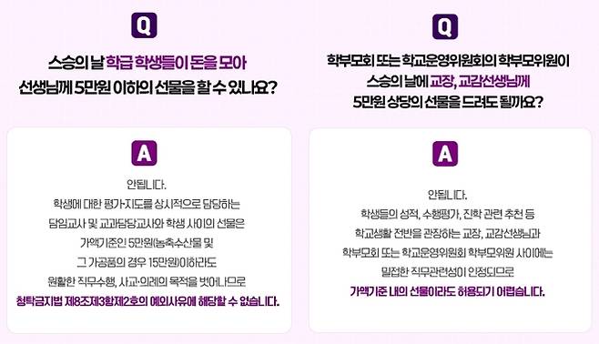 국민권익위원회가 12일 공개한 ‘스승의 날 청탁금지법 Q＆A’. 자료 : 국민권익위원회