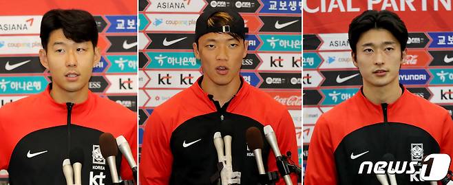 대한민국 축구대표팀 손흥민과 황희찬, 조규성이 2022 카타르 월드컵을 마치고 7일 오후 인천국제공항을 통해 귀국하며 소회를 밝히고 있다. 2022.12.7 ⓒ 뉴스1 장수영 기자