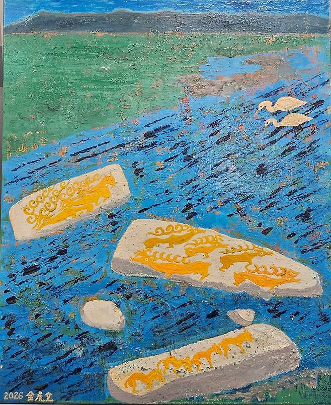 '백로와 사슴돌' 나무판에 옻칠, 50x40㎝, 2026년 [전호태 교수 제공. 재판매 및 DB 금지]