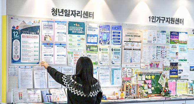서울 시내 한 청년일자리센터에서 관계자가 구직 관련 게시판을 살펴보고 있다. [한주형기자]