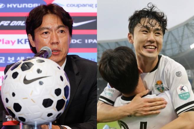 2000년생 이기혁(강원)이 오는 6월 열리는 2026 국제축구연맹(FIFA) 북중미 월드컵 홍명보호 최종 명단에 '깜짝 발탁'됐다. 사진은 최종 명단을 발표하는 홍명보 감독(왼쪽)과 이기혁의 모습. /사진=뉴스1, 한국프로축구연맹
