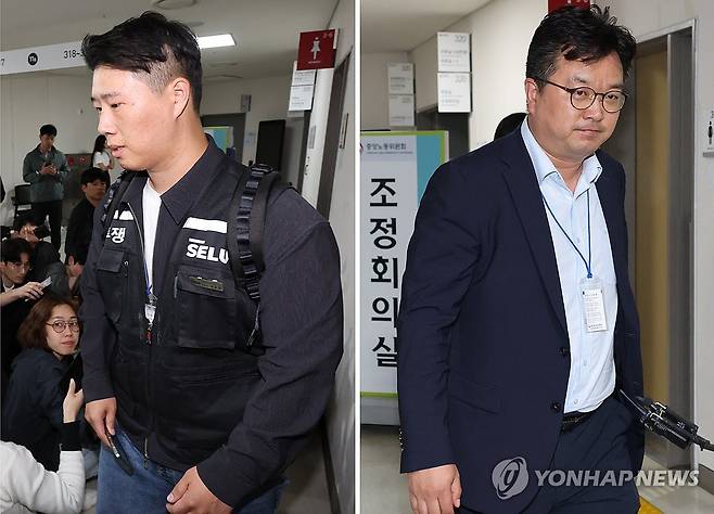 삼성전자 노사, 사후조정 결렬 (세종=연합뉴스) 김주성 기자 = 삼성전자 대표교섭위원인 김형로 부사장(오른쪽 사진)과 최승호 초기업노조 삼성전자지부 위원장(왼쪽 사진)이 지난 13일 새벽 세종시 정부세종청사 중앙노동위원회에서 2026년 임금협약 체결을 위한 2차 사후조정이 결렬된 후 협상장을 각각 떠나고 있다. 2026.5.13 utzza@yna.co.kr