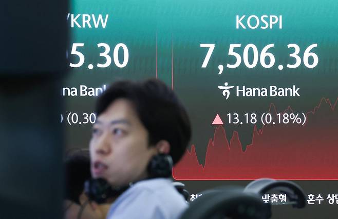 코스피가 장중 상승 전환해 7500선을 넘은 18일 서울 중구 하나은행 본점 딜링룸 전광판에 코스피 지수가 표시되고 있다. 이날 코스피는 전 거래일 대비 48.89포인트(0.67%) 내린 7443.29에 거래를 시작했다. 뉴스1