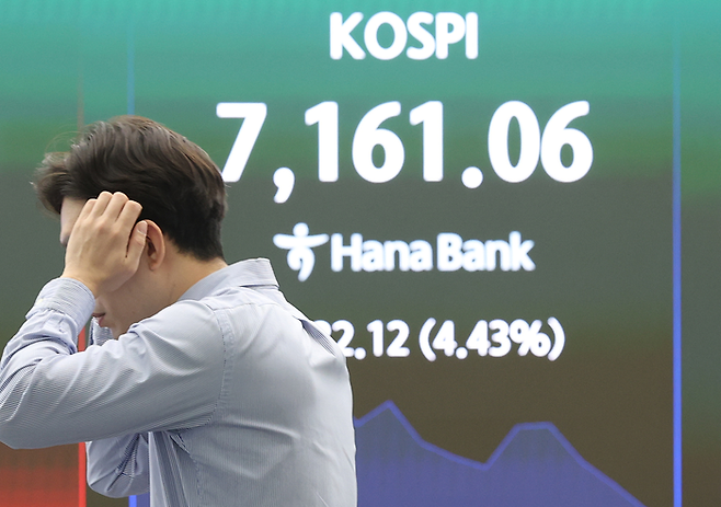 18일 서울 중구 하나은행 딜링룸 현황판에 코스피가 표시되고 있다. 이날 코스피는 전 거래일 대비 49.89포인트(0.67%) 내린 7443.29에, 코스닥지수는 7.25포인트(0.64%) 내린 1122.57에 개장했다. (연합뉴스)