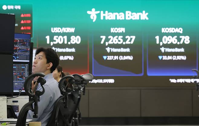 18일 서울 중구 하나은행 딜링룸에서 직원이 업무를 보고 있다. [연합]