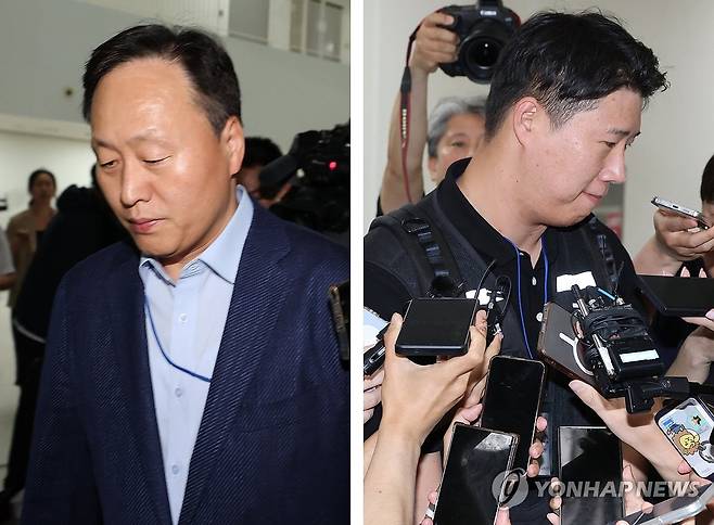 협상장 떠나는 노사 (세종=연합뉴스) 김주성 기자 = 삼성전자 사측 대표교섭위원인 여명구 DS(반도체 부문) 피플팀장(왼쪽)과 삼성그룹 초기업노동조합 삼성전자지부 최승호 위원장(오른쪽)이 18일 정부세종청사 중앙노동위원회에서 열린 2차 사후조정 첫날 회의를 마친 뒤 협상장을 떠나고 있다. 2026.5.18 utzza@yna.co.kr