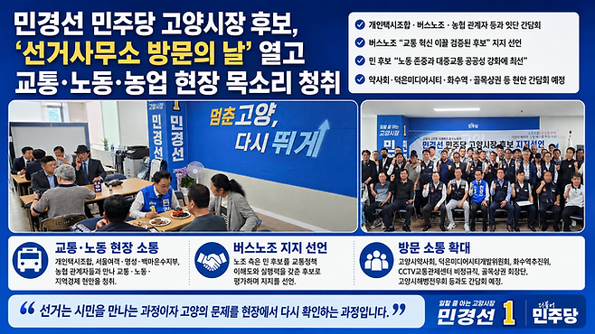 민경선 더불어민주당 고양특례시장 후보가 19일 '선거사무소 방문의 날'을 갖고 다양한 분야의 방문객들과 소통을 진행 중이다. 사진=ChatGPT