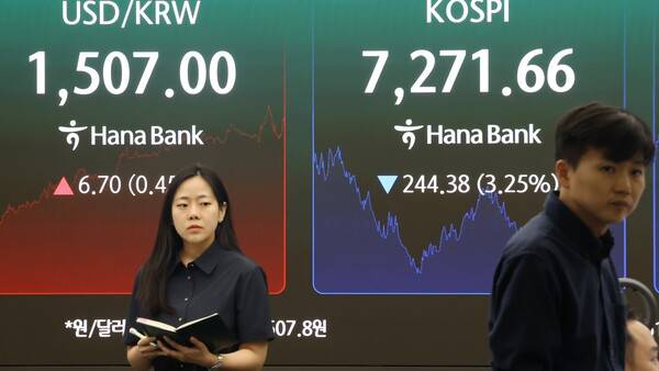 19일 오후 서울 중구 하나은행 전광판에 원/달러 환율과&nbsp;코스피, 코스닥 지수가 표시돼 있다. 이날&nbsp;코스피는 전장보다 244.38포인트(3.25%) 내린 7,271.66에 거래를 마쳤다. 연합뉴스