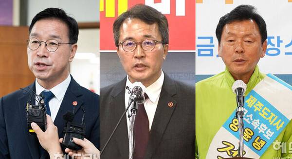 6·3 지방선거 후보자 등록 이후 실시된 제주특별자치도지사 선거 여론조사에서 더불어민주당 위성곤 후보가 국민의힘 문성유 후보를 큰 격차로 앞서는 것으로 나타났다. 사진 왼쪽부터 위성곤 후보, 문성유 후보, 양윤녕 후보. ⓒ헤드라인제주