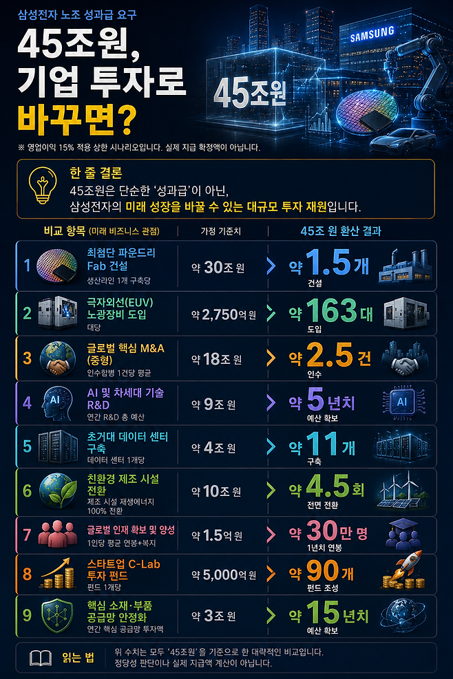 삼성 노조 성과급 요구액 45조원을 미래 투자 가치로 환산한 인포그래픽ⓒ데일리안