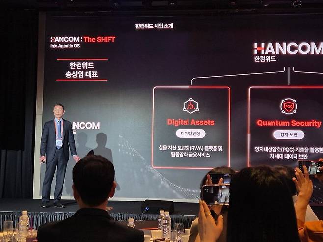 송상엽 한컴위드 대표가 19일 서울 여의도 페어몬트호텔에서 열린 전략 발표회에서 차세대 보안사업 확대 계획을 발표하고 있다. 사진=연지안 기자