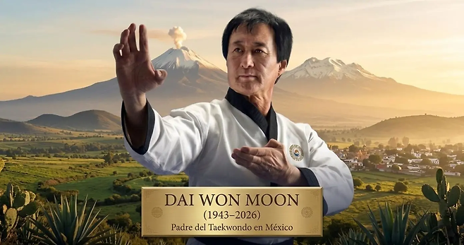 A memorial portrait of Moon bearing the words "Padre del Taekwondo en Mexico," or "Father of Taekwondo in Mexico." (Sendero Artes Marciales)