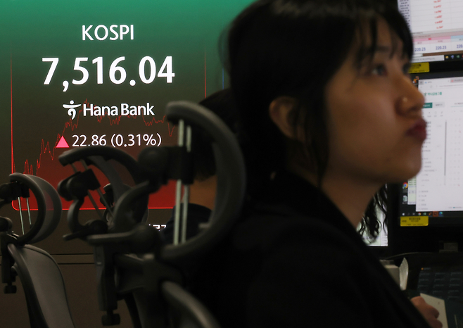18일 서울 중구 하나은행 전광판에 코스피 종가가 표시돼 있다. 이날 코스피는 전 거래일 대비 22.86포인트(0.31%) 오른 7516.04에 장을 마감했다. 연합뉴스