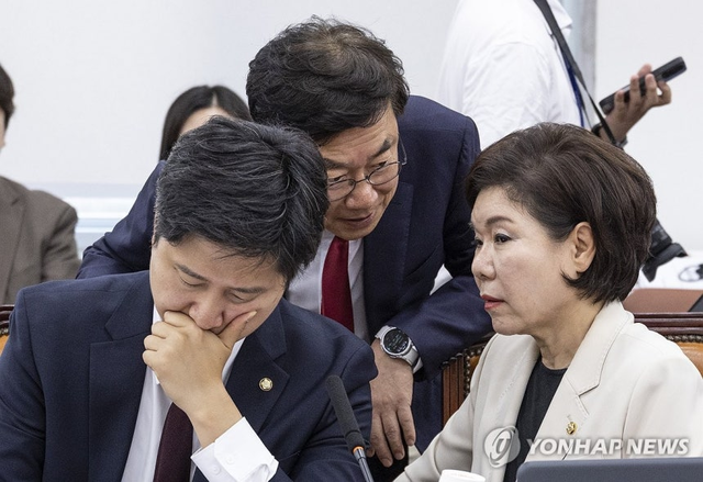지난 18일 국회에서 열린 행정안전위원회 전체 회의에서 국민의힘 서범수 간사(가운데)와 이날 행안위에 새롭게 보임한 조은희 의원(오른쪽)이 대화하고 있다. [연합뉴스]