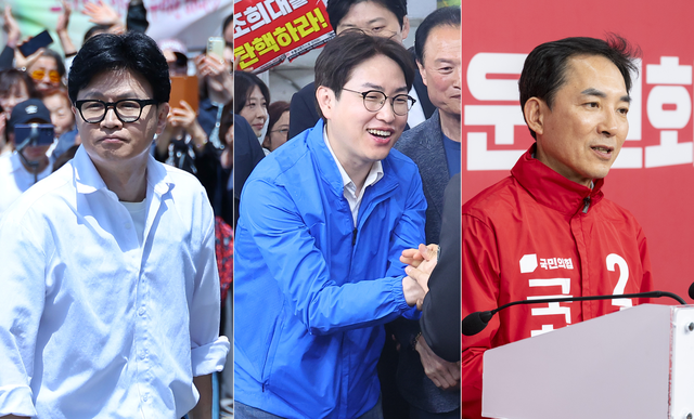 왼쪽부터 부산 북갑 국회의원 보궐선거에 출마한 한동훈 무소속 후보, 하정우 더불어민주당 후보, 박민식 국민의힘 후보. [연합뉴스 사진 갈무리]