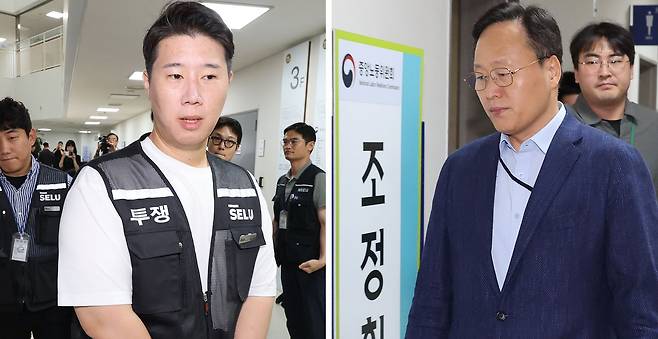 삼성그룹 초기업노동조합 삼성전자지부 최승호 위원장(왼쪽)과 삼성전자 사측 대표교섭위원인 여명구 DS(디바이스솔루션·반도체 사업 담당) 피플팀장이 20일 정부세종청사 중앙노동위원회에서 총파업 예고 시점을 하루 앞두고 열린 3차 사후조정 회의에 각각 들어가고 있다. 2026.5.20   utzza@yna.co.kr (끝)  〈저작권자(c) 연합뉴스, 무단 전재-재배포, AI 학습 및 활용 금지〉