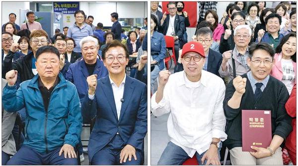 더불어민주당 전재수 부산시장 후보가 20일 부산진구 선거사무소에서 부산 법인택시노조의 지지선언을 받고 있다. 오른쪽 사진은 국민의힘 박형준 부산시장 후보가 이날 부산진구 선거사무소에서 (사)부산예술문화단체총연합회 소속 문화예술인 100인 지지선언을 받은 뒤 기념촬영을 하는 모습.  전민철 이원준 기자