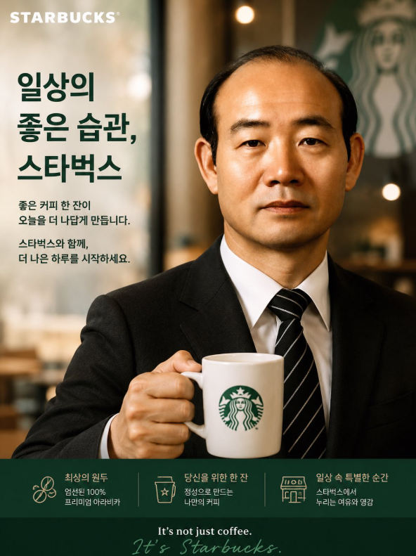 스타벅스 홍보물 속 전두환 전 대통령(생성형 AI로 제작한 가상 이미지입니다) / 사진=엑스 캡처