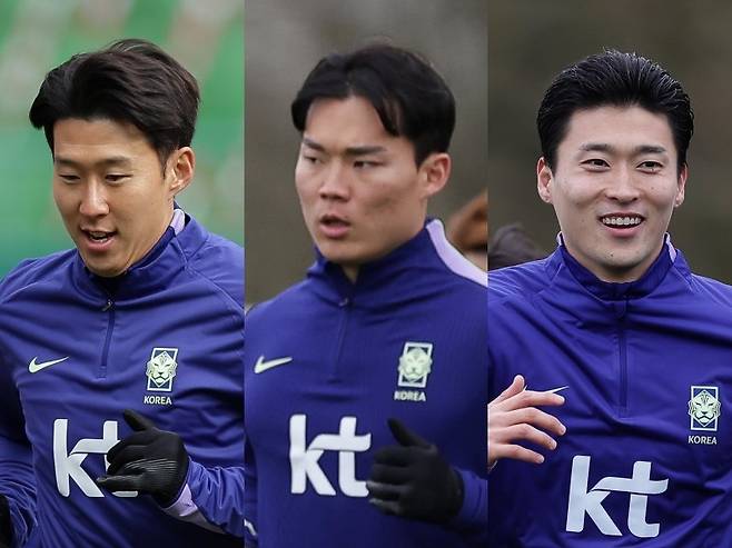 축구국가대표팀의 공격수 손흥민, 오현규, 조규성(왼쪽부터)의 최근 골 소식이 잠잠하다. 북중미월드컵서 대표팀의 득점 확률을 높이려면 이들이 사전캠프에서 최대한 감각을 끌어올려야 한다. 사진제공｜대한축구협회