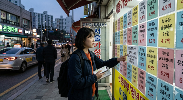 청년이 공인중개소 앞을 구경하는 모습. [사진=제미나이]
