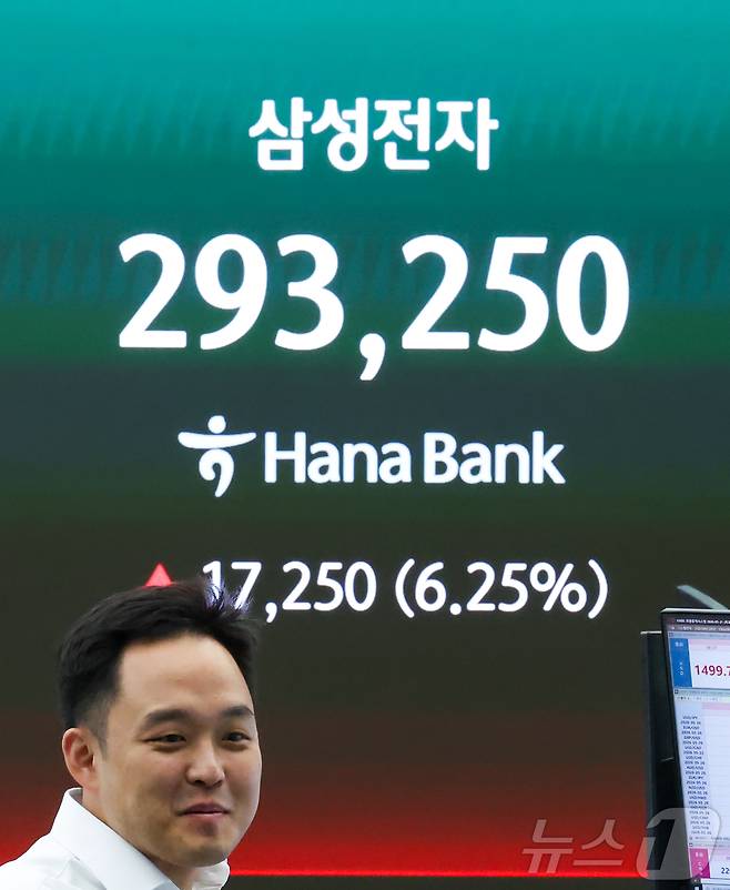 삼성전자 노사 합의와 미국 증시 강세 영향으로 코스피가 급등한 21일 서울 중구 하나은행 딜링룸 전광판에 삼성전자 주가가 표시돼 있다. 2026.5.21 ⓒ 뉴스1 이종수 인턴기자