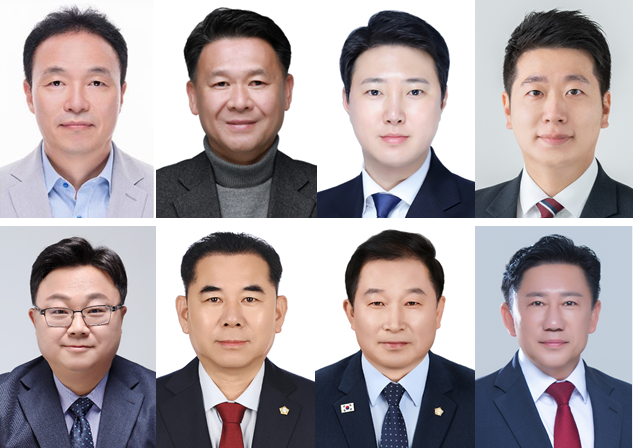 6·3 지방선거에서 무투표 당선이 확정된 (윗줄 왼쪽부터) 천안 가선거구 류제국·권오중, 천안 나선거구 배관중·조성준, 천안 자선거구 박종갑·김영한, 아산 다선거구 천철호·윤원준 당선인. 중앙선거관리위원회 제공