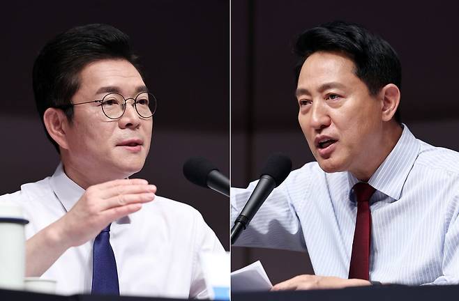 정원오 더불어민주당 서울시장 후보(왼쪽)와 오세훈 국민의힘 서울시장 후보가 20일 오전 서울 중구 한국프레스센터에서 열린 관훈클럽 초청 토론회에서 각각 발언하고 있다. [뉴스1]