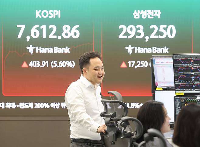 21일 서울 중구 하나은행 딜링룸 전광판에 삼성전자 주가가 표시돼 있다. [연합뉴스]
