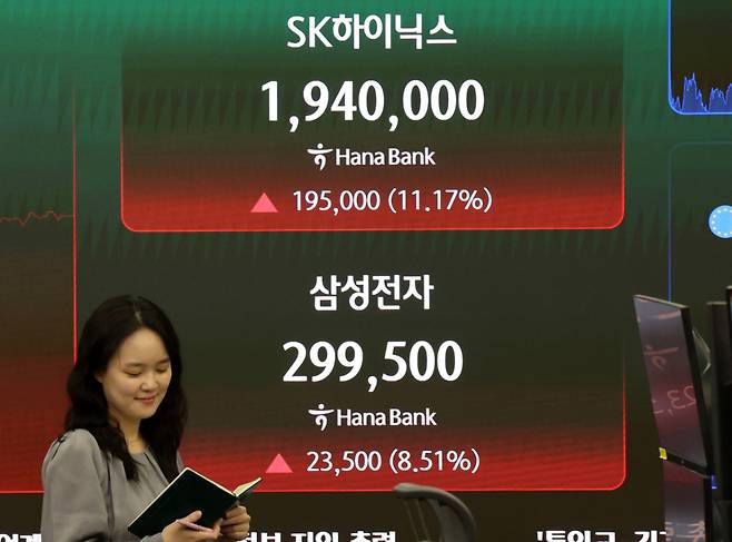 [서울=뉴시스] 배훈식 기자 = 삼성전자 노사 합의 소식에 코스피가 급등한 21일 오후 서울 중구 하나은행 딜링룸 전광판에 SK하이닉스와 삼성전자가 각각 194만 원과 29만9500원을 나타내고 있다. 2026.05.21. dahora83@newsis.com /사진=배훈식