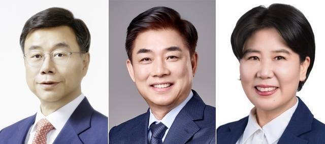 성남시장 선거에 출마한 국민의힘 신상진 후보, 민주당 김병욱 후보, 진보당 장지화 후보(왼쪽부터). 중앙선거관리위원회 제공&nbsp;