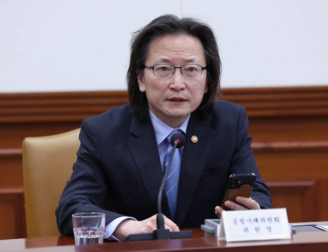 [서울=뉴시스] 조수정 기자 = 주병기 공정거래위원회 위원장이 21일 오전 서울 종로구 정부서울청사에서 열린 구윤철 경제부총리 겸 재정경제부 장관 주재 민생물가 특별관리 TF 회의 겸 대외경제장관회의에서 발언하고 있다. 2026.05.21. chocrystal@newsis.com