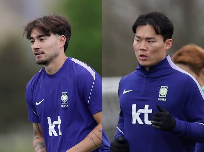 축구국가대표팀 옌스 카스트로프(왼쪽)와 오현규 등 북중미월드컵을 통해 첫 월드컵에 나서는 선수들의 활약에 관심이 모인다. 사진제공|대한축구협회