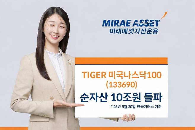 미래에셋자산운용은 TIGER 미국나스닥100 ETF의 순자산총액이 지난 20일 종가를 기준으로 10조원을 돌파한 사실을 홍보하기 위해 제작한 이미지. / 사진=미래에셋자산운용