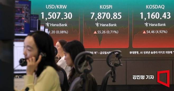 코스피 지수가 전 거래일 보다 57.53포인트 상승한 7873.12에 장을 시작한 22일 서울 중구 하나은행 본점 딜링룸 전광판에 국내증시 현황이 표시돼 있다. 이날 코스닥 지수는 장중 5% 넘게 상승하며 연이틀 매수 사이드카가 발동 됐다. 2026.5.22 강진형 기자
