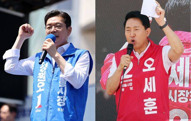 정원오 더불어민주당 서울시장 후보가 22일 서울 롯데백화점 노원점 앞에서 선거 유세를 펼치고 있다. 정 후보는 “오세훈은 말만 했는데 정원오는 실천으로 재건축 사업을 지원하겠다”고 말했다(왼쪽 사진). 오세훈 국민의힘 서울시장 후보가 22일 서울 광진구 건대입구역 앞에서 지지를 호소하고 있다. 오 후보는 “정원오 후보의 무능, 무책임, 부패의 면모가 시간이 흐르면서 계속 밝혀지고 있다”고 말했다. 연합뉴스·뉴시스