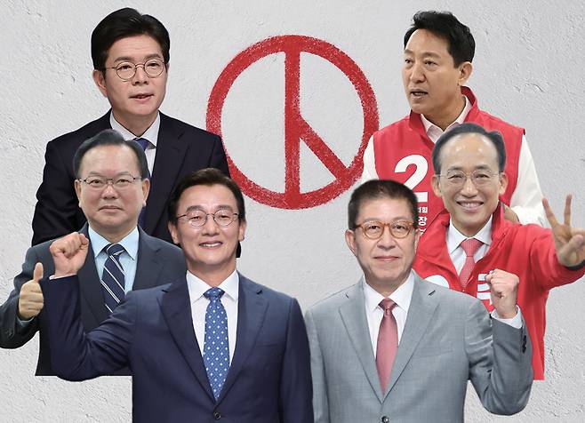 (왼쪽 위부터)정원오 더불어민주당 서울시장 후보, 오세훈 국민의힘 서울시장 후보, 김부겸 더불어민주당 대구시장 후보, 추경호 국민의힘 대구시장 후보, 전재수 더불어민주당 부산시장 후보, 박형준 국민의힘 부산시장 후보 ⓒ연합뉴스