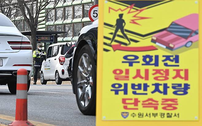 경찰의 교차로 일시정지 위반 단속보다 중요한 건 시스템 개선이다.[사진｜뉴시스]