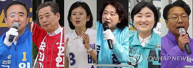 본격 유세 나선 광주 광산을 국회의원 후보들 (광주=연합뉴스) 김혜인 기자 = 제9회 전국동시지방선거 및 재보궐선거 공신 선거운동 기간인 21일부터 22일까지 더불어민주당 임문영(왼쪽부터)·국민의힘 안태욱·조국혁신당 배수진·진보당 전주연·기본소득당 신지혜·무소속 구본기 광주 광산을 국회의원 후보가 광주 광산구 일대에서 유권자들에게 지지를 호소하고 있다. 2026.5.22 [신지혜·구본기 후보 측 제공. 재판매 및 DB 금지] in@yna.co.kr
