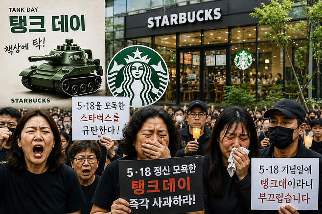 &nbsp;스타벅스 코리아의 이른바 '탱크데이' 프로모션 논란에 분노하는 시민들의 모습을 형상화한 모습./ChatGPT이미지